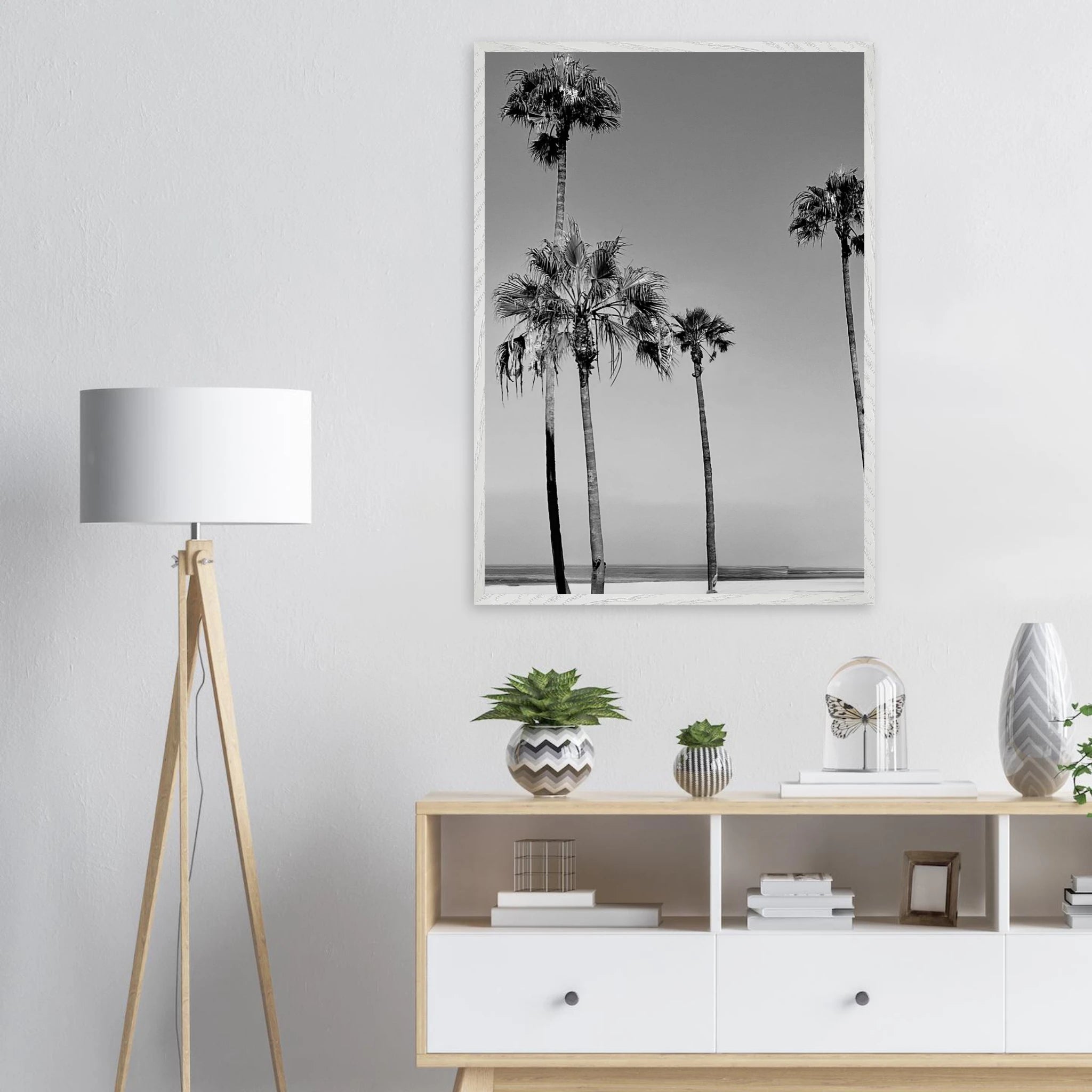 Premium wooden framed poster featuring black and white SoCal beach icons, perfect for California-themed decor.
