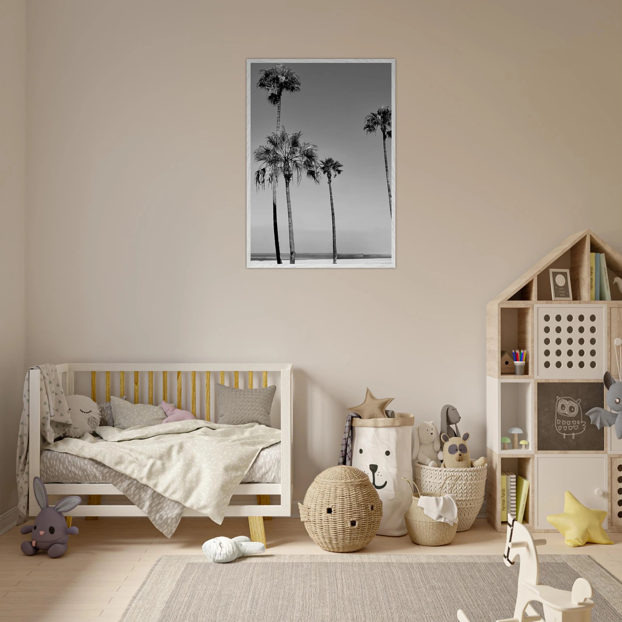 Premium wooden framed poster featuring black and white SoCal beach icons, California art in semi-glossy finish.