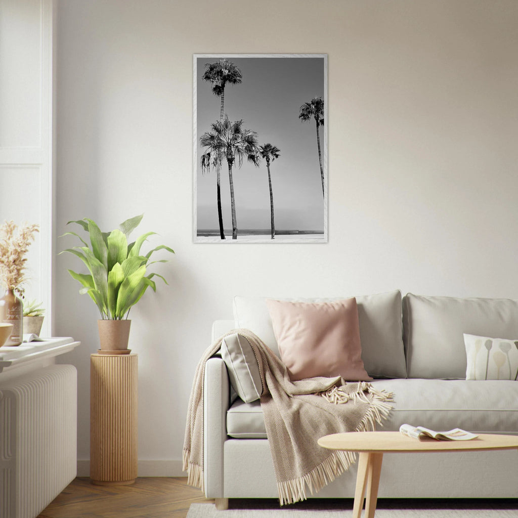 Premium wooden framed poster featuring black and white California beach icons from the Studio Edition Holiday 25 series.