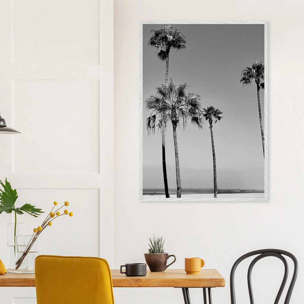 Premium wooden framed poster featuring black and white SoCal beach icons, California art from the Studio Edition series.