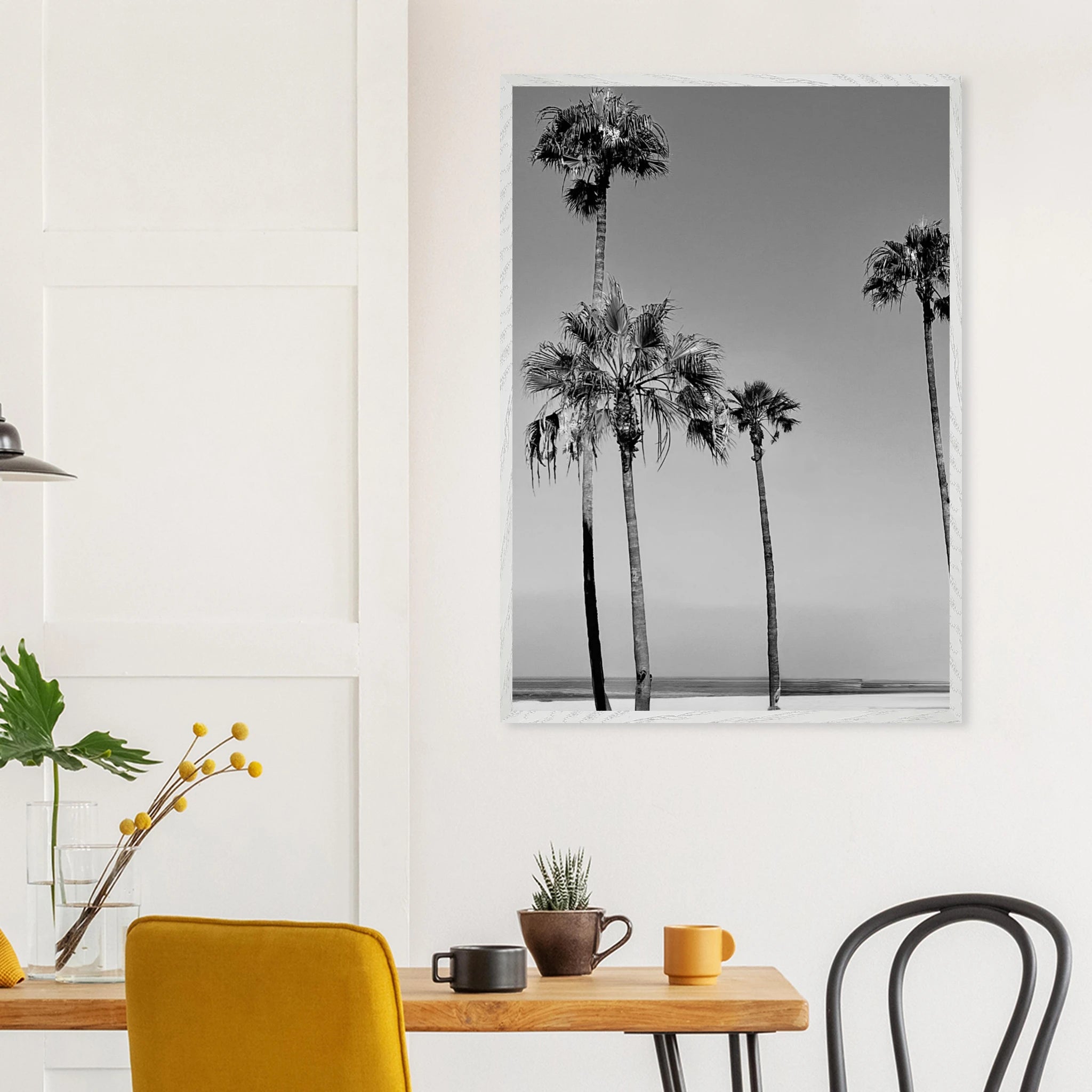 Premium wooden framed poster featuring black and white SoCal beach icons, California art from the Studio Edition series.