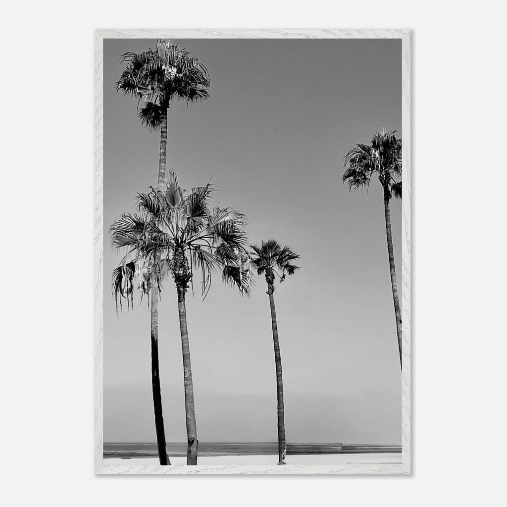 Black and white California beach icons poster in a premium wooden frame, part of the Holiday 25 Studio Edition series.