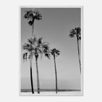 Black and white California beach icons poster in a premium wooden frame, part of the Holiday 25 Studio Edition series.