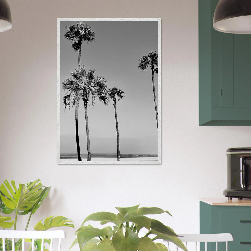 Premium wooden framed poster featuring black and white SoCal beach icons California poster art from the studio edition.