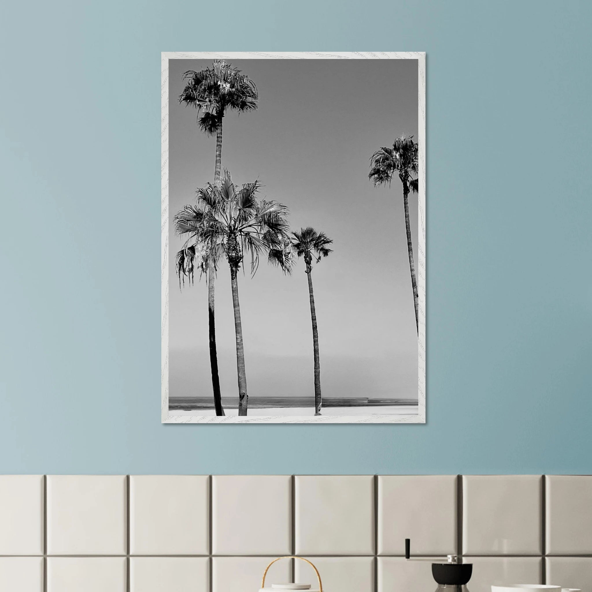 Premium wooden framed poster featuring black and white SoCal beach icons in a semi-glossy finish.