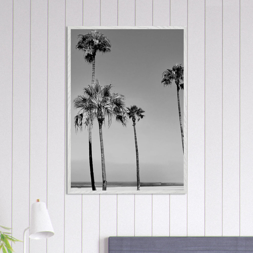 Premium wooden framed poster featuring black and white SoCal beach icons from California, Studio Edition art print.