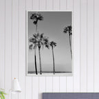 Premium wooden framed poster featuring black and white SoCal beach icons from California, Studio Edition art print.