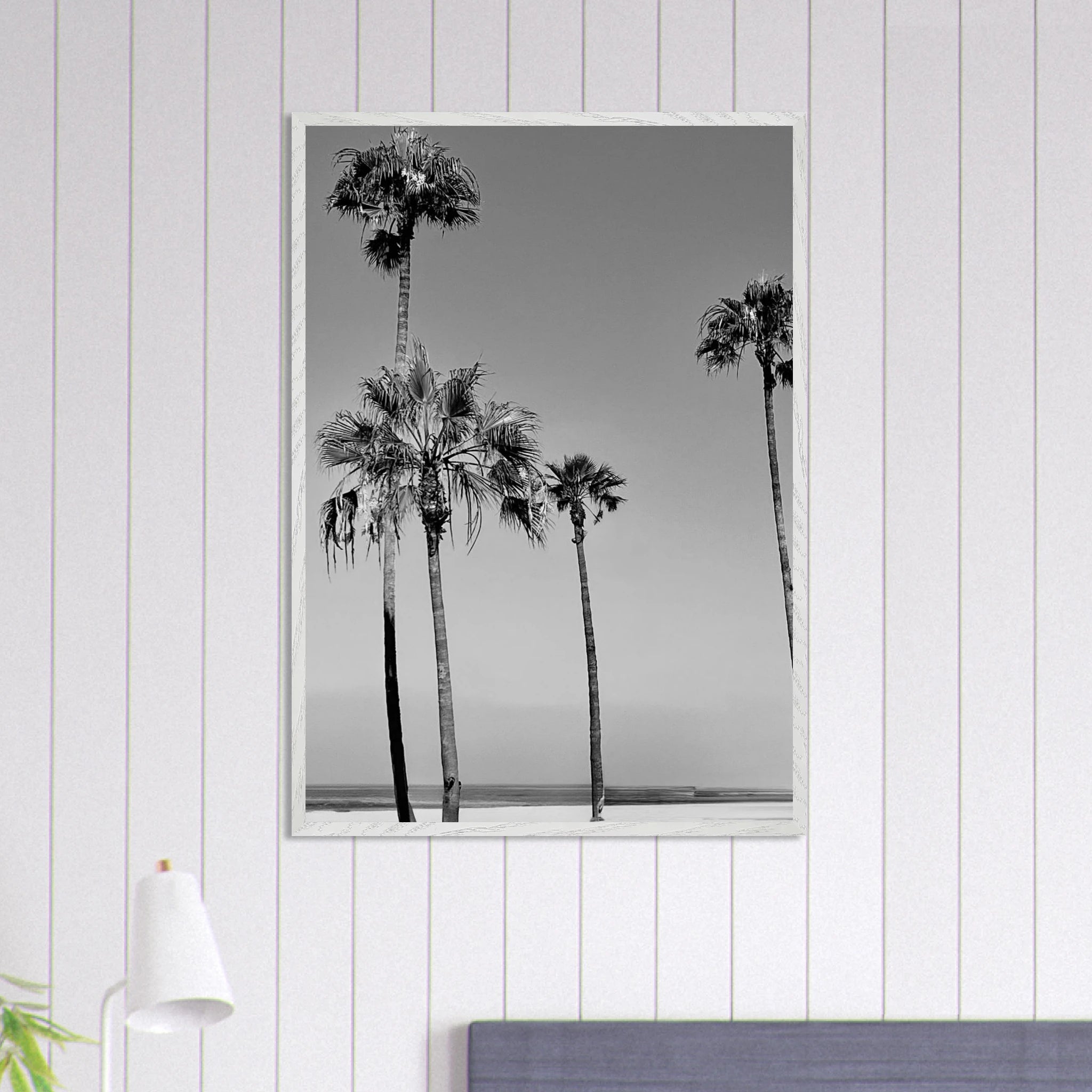 Premium wooden framed poster featuring black and white SoCal beach icons from California, Studio Edition art print.
