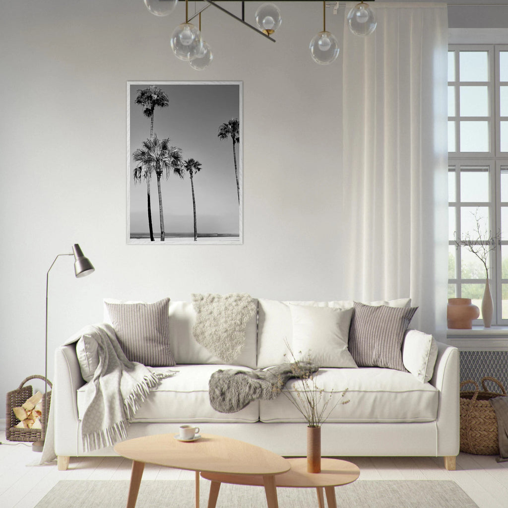 Premium wooden framed poster featuring black and white SoCal beach icons, part of the Studio Edition Holiday series.