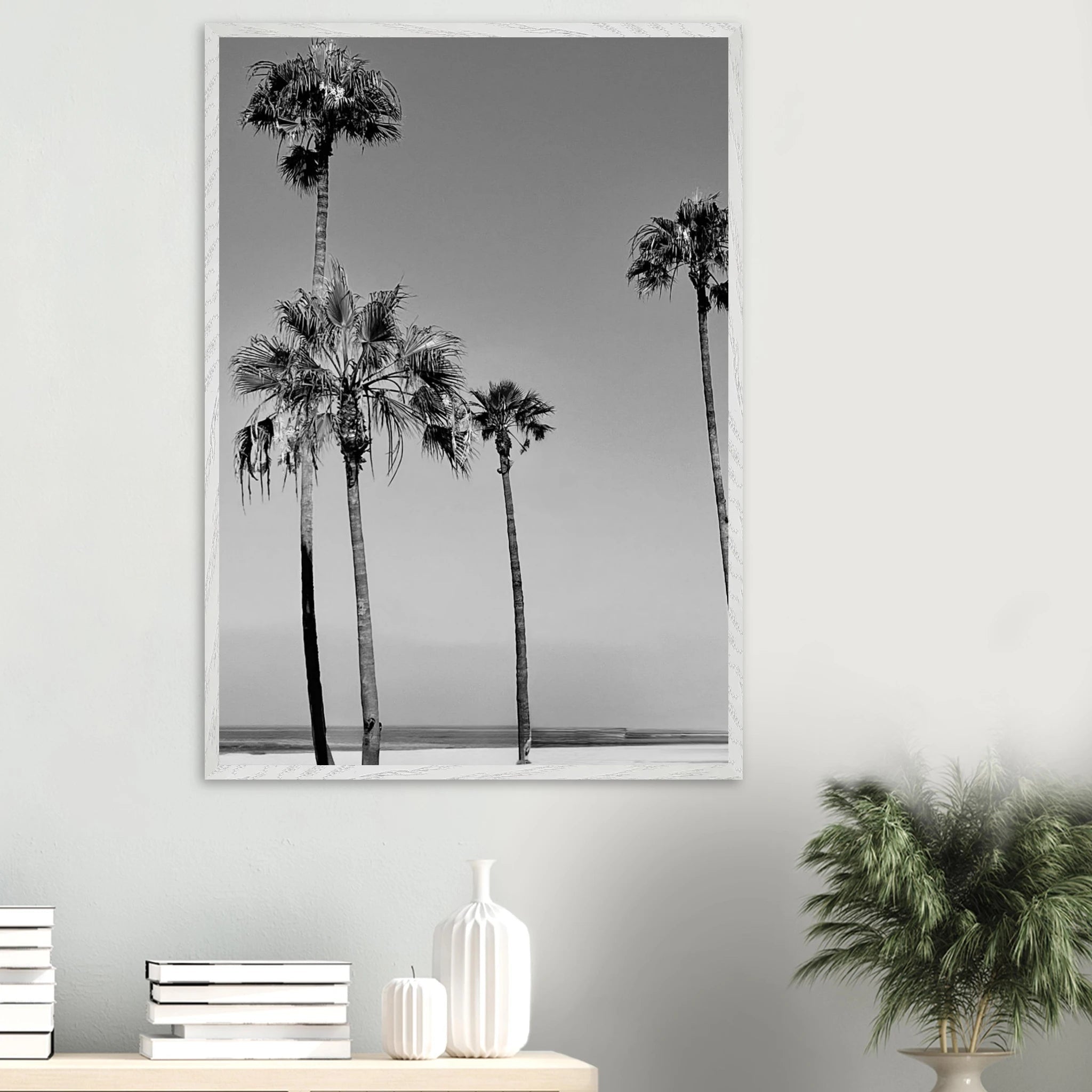Premium wooden framed poster featuring black and white SoCal beach icons, part of the Studio Edition Holiday series.