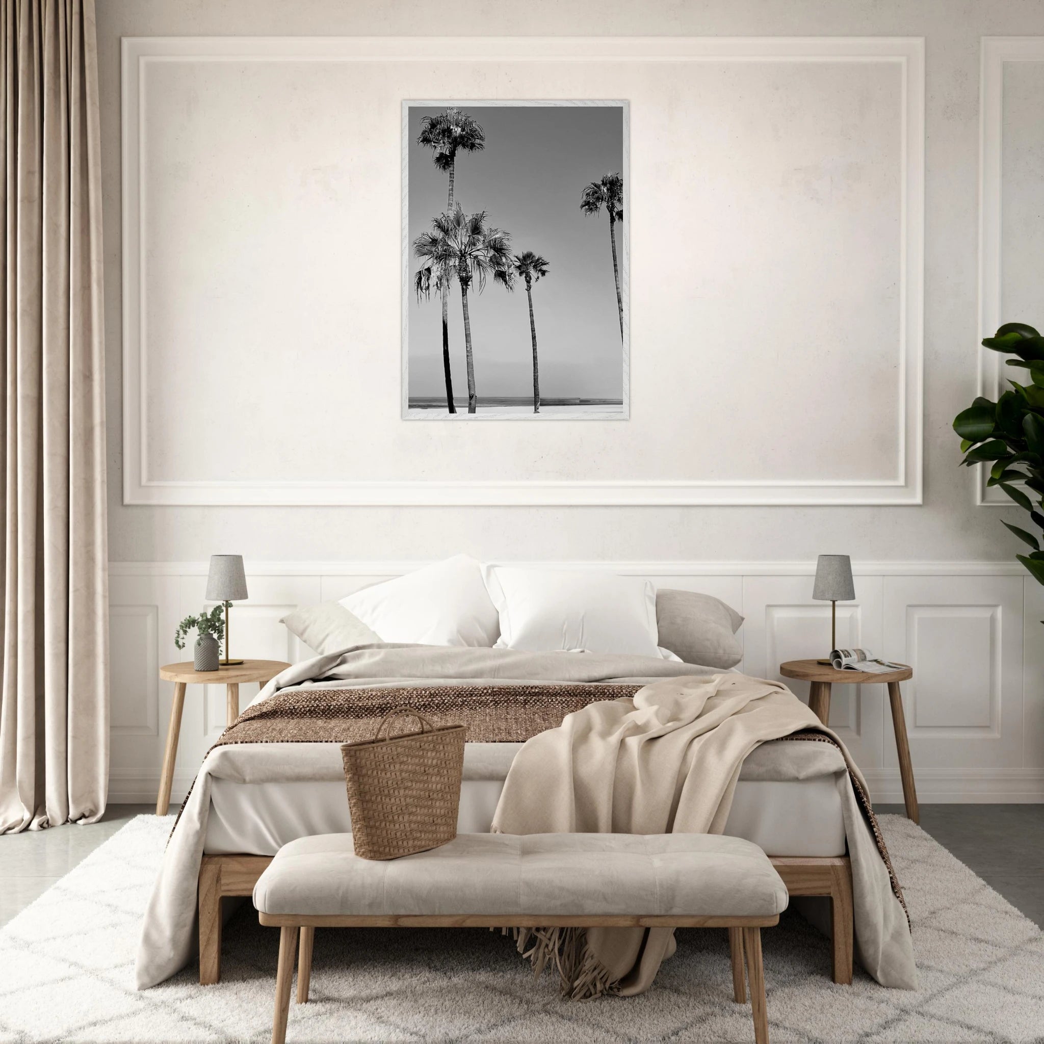 Premium wooden framed poster featuring black and white SoCal beach icons, part of the Studio Edition Holiday series.