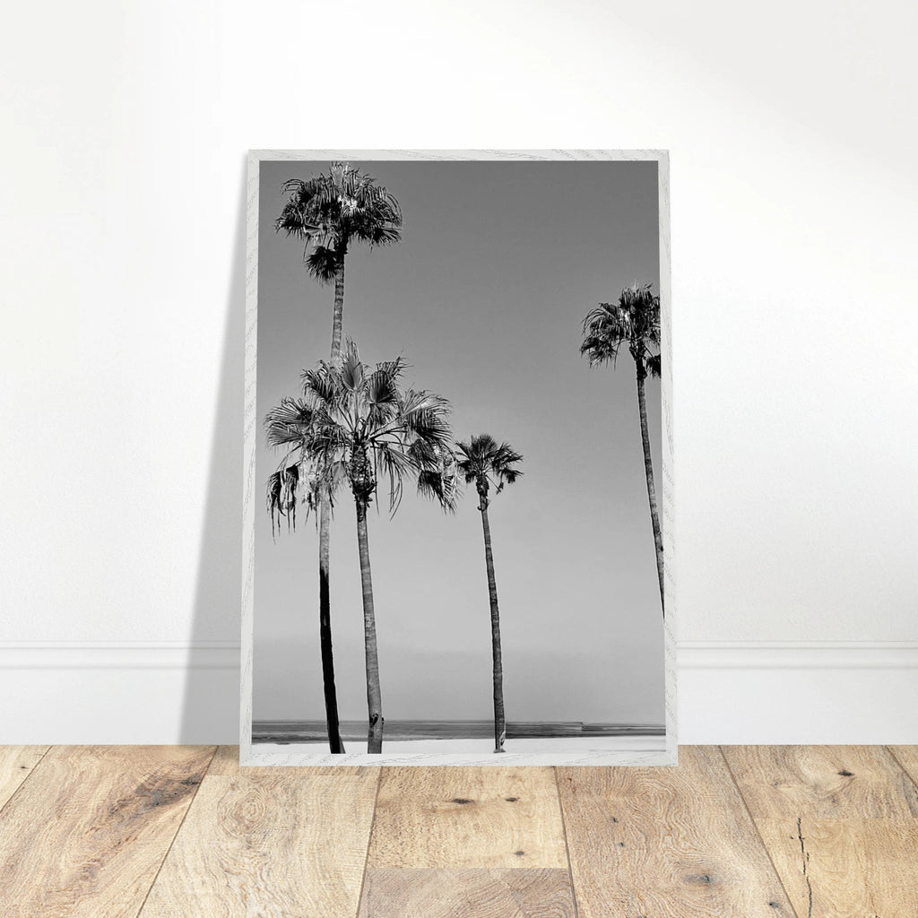 Premium wooden framed poster featuring black and white SoCal beach icons, stylish California art for home decor.