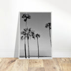 Premium wooden framed poster featuring black and white SoCal beach icons, stylish California art for home decor.