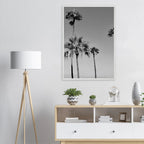 Premium wooden framed poster featuring semi-glossy black and white SoCal beach icons California art.