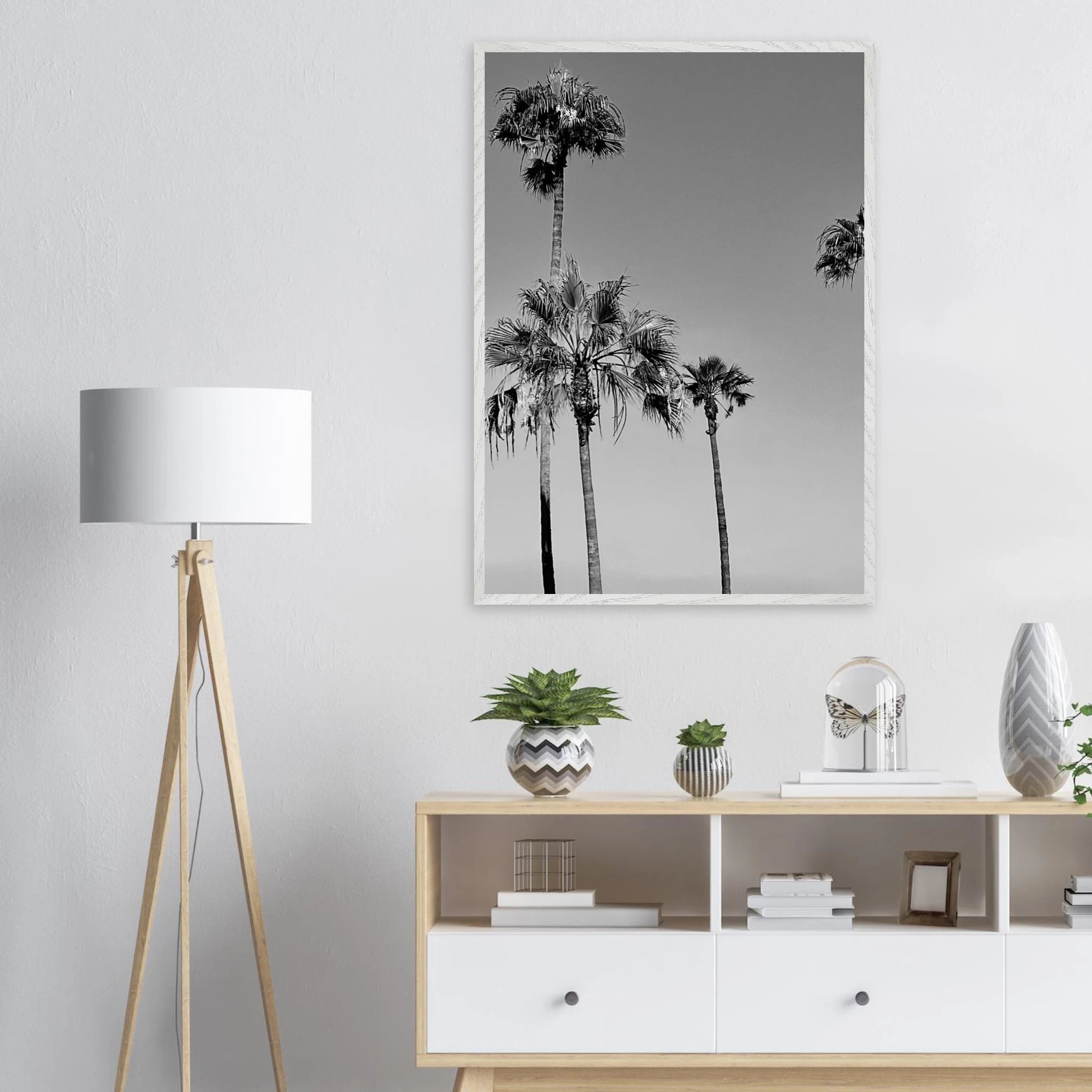 Premium wooden framed poster featuring semi-glossy black and white SoCal beach icons California art.