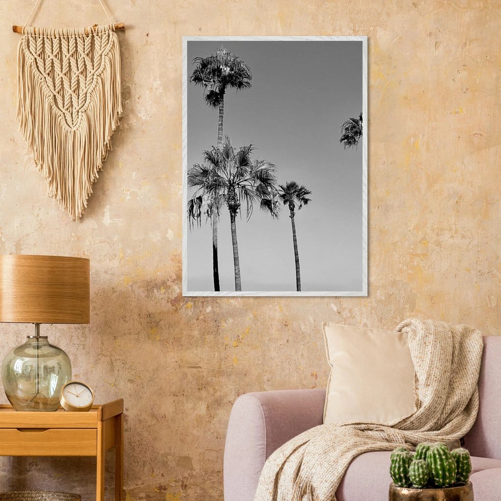 Premium wooden framed poster featuring black and white SoCal beach icons, artistic California design for home decor.