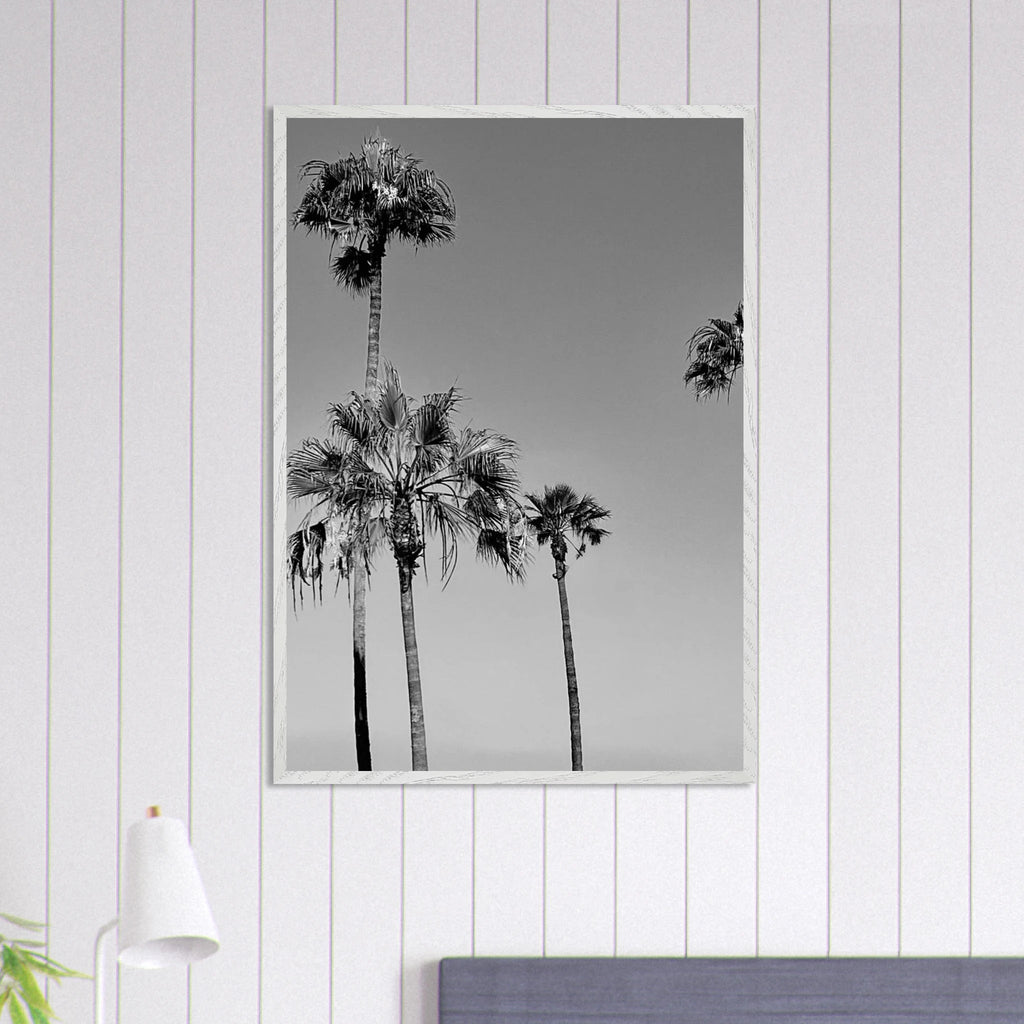 Premium wooden framed poster featuring black and white SoCal beach icons from California, part of the Studio Edition series.