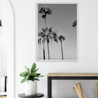 Premium wooden framed poster featuring black and white SoCal beach icons, California poster art in semi-glossy finish.