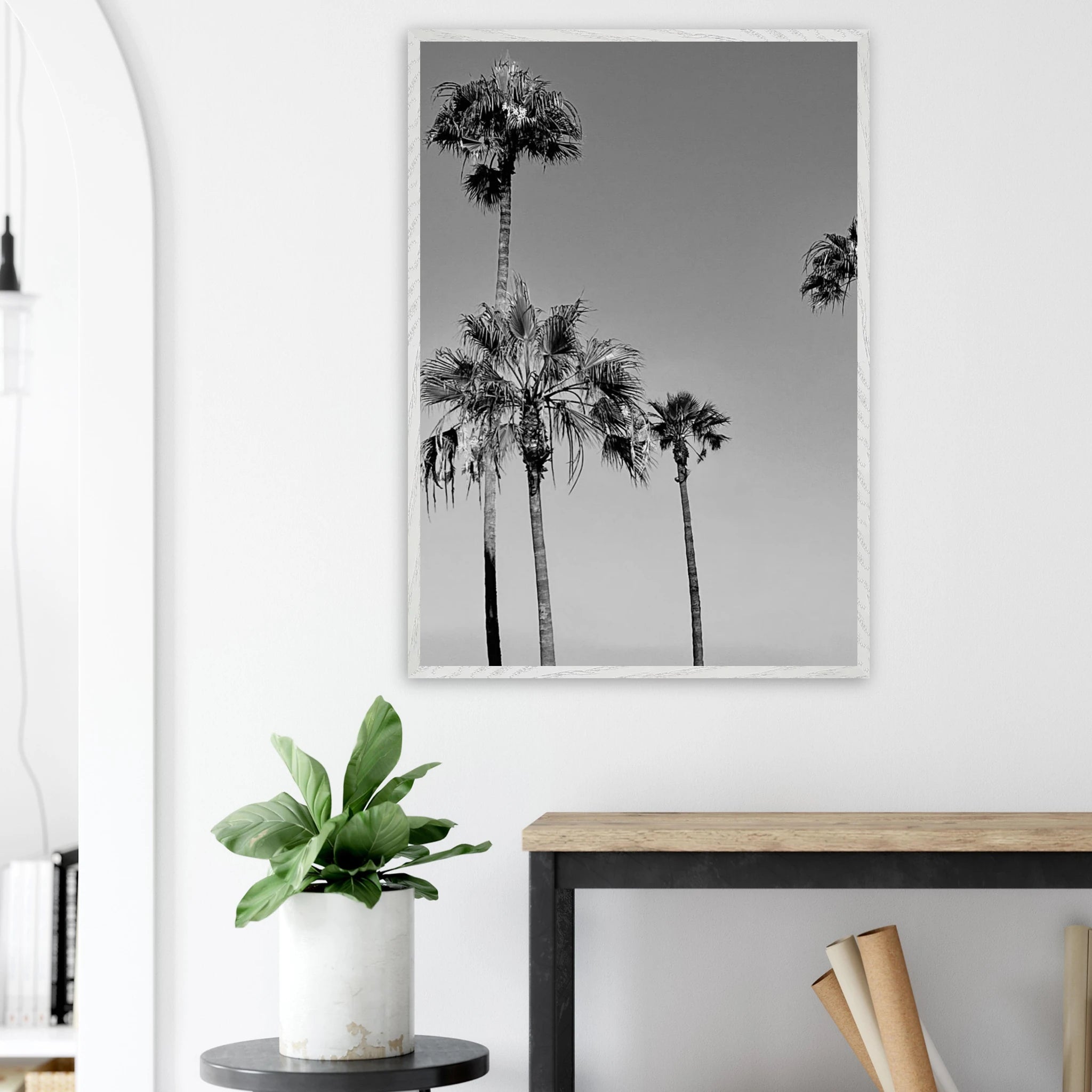 Premium wooden framed poster featuring black and white SoCal beach icons, California poster art in semi-glossy finish.
