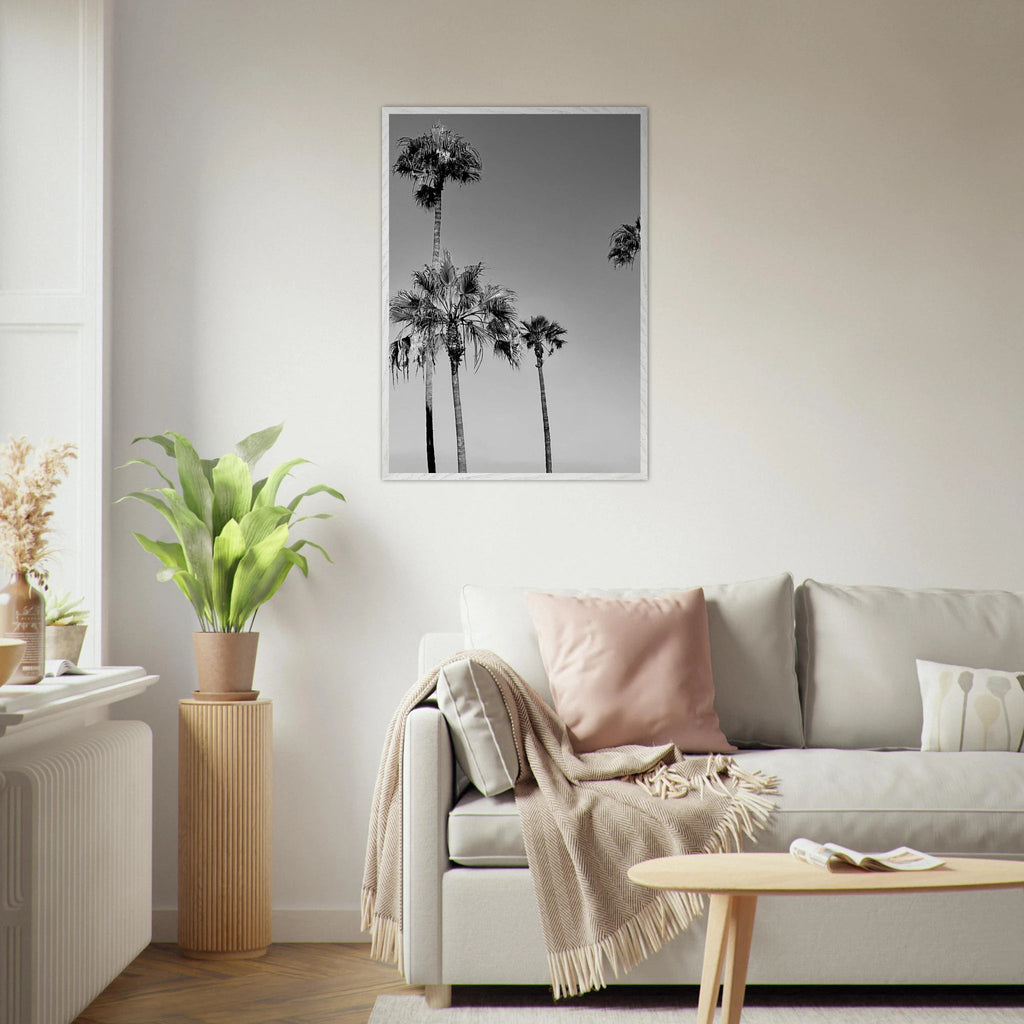 Premium wooden framed poster featuring black and white SoCal beach icons, California art in semi-glossy finish.