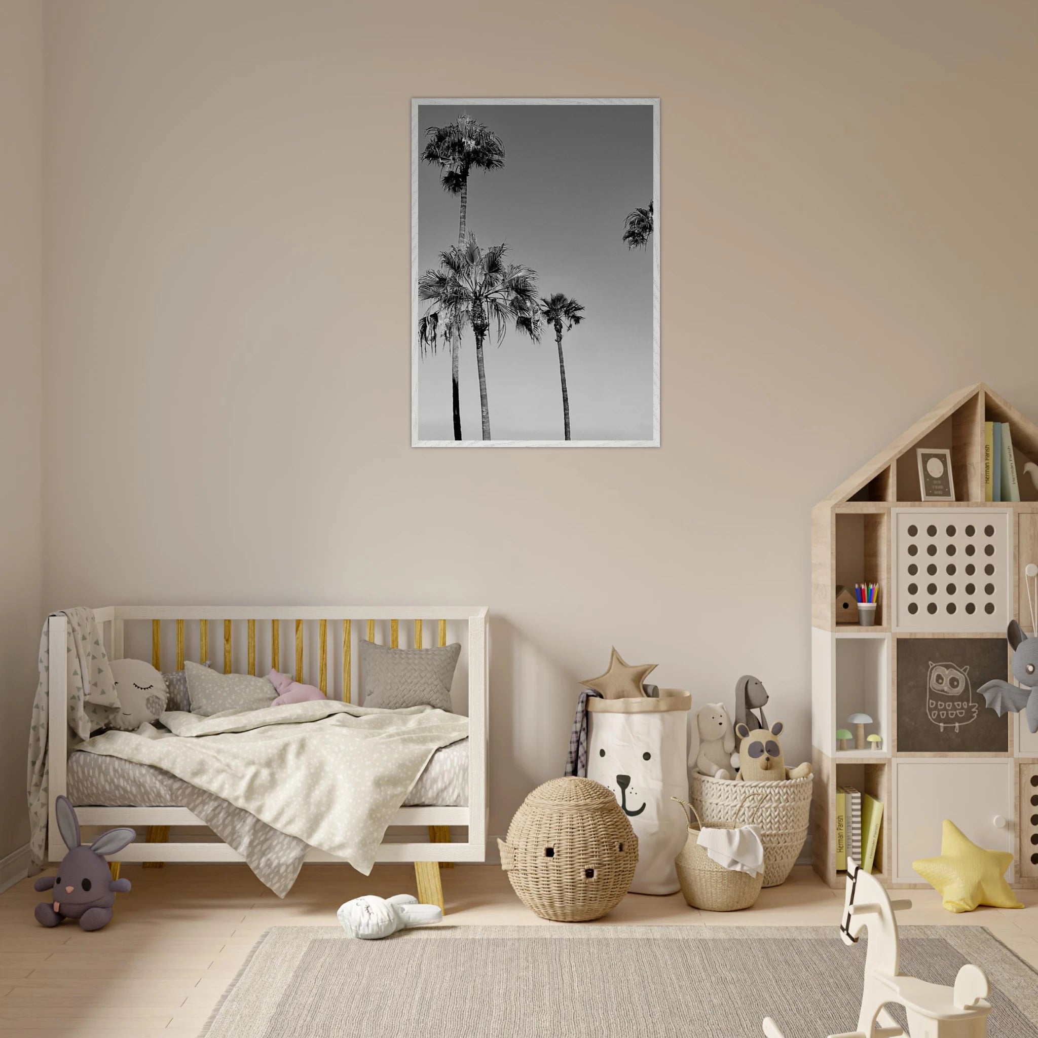 Premium wooden framed poster featuring black and white SoCal beach icons from the California Studio Edition.