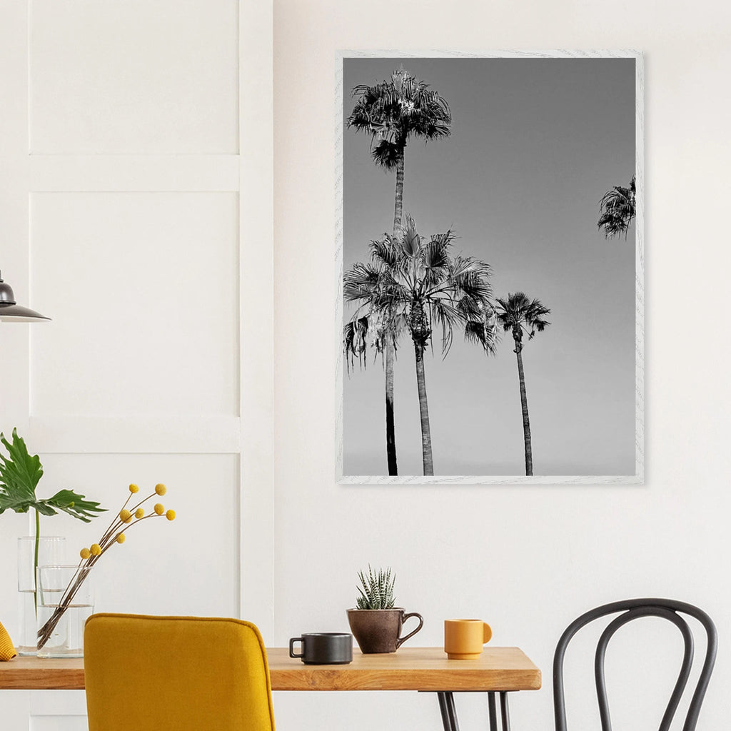 Premium wooden framed poster featuring black and white SoCal beach icons from the California art series.