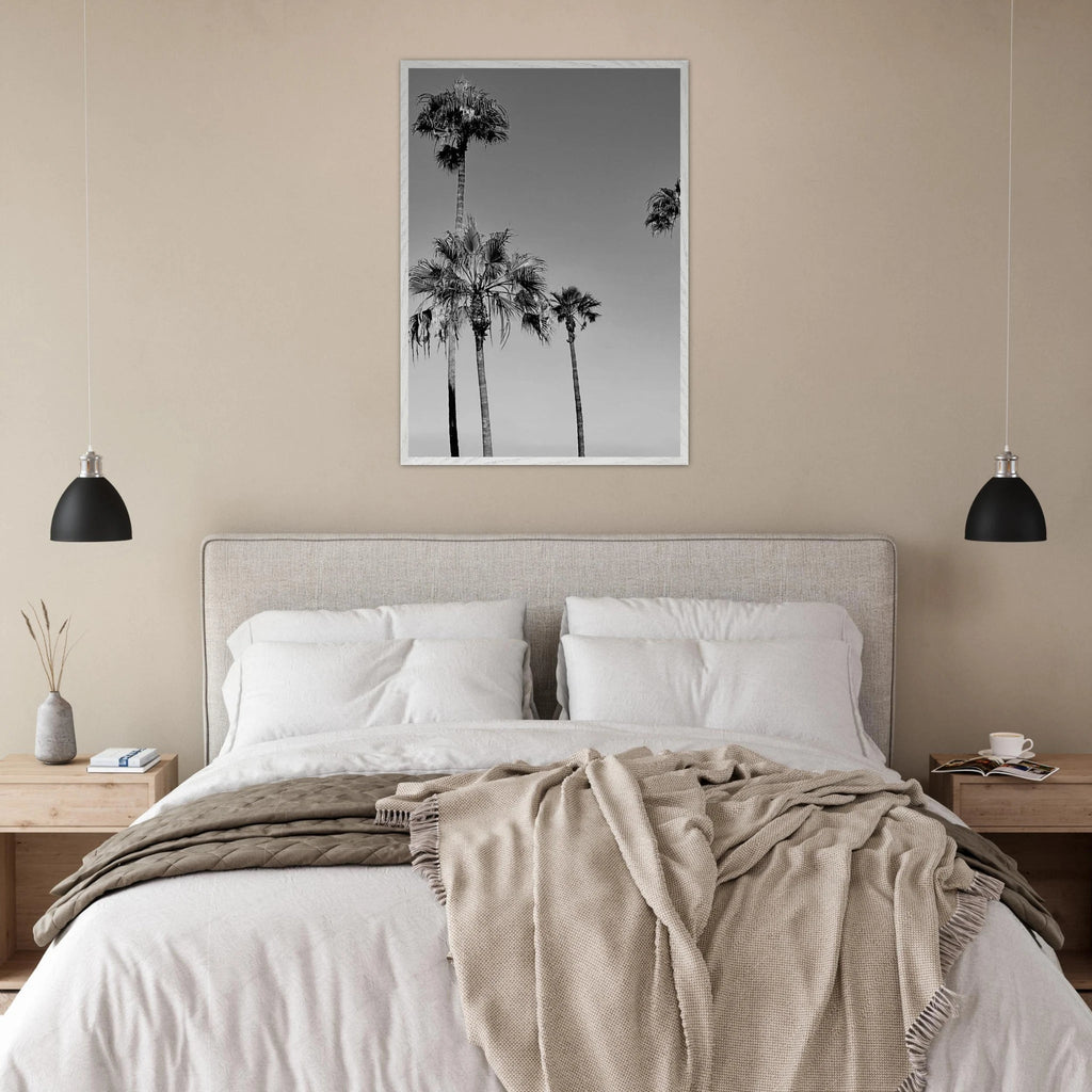 Premium wooden framed poster featuring black and white SoCal beach icons, ideal for California art enthusiasts.