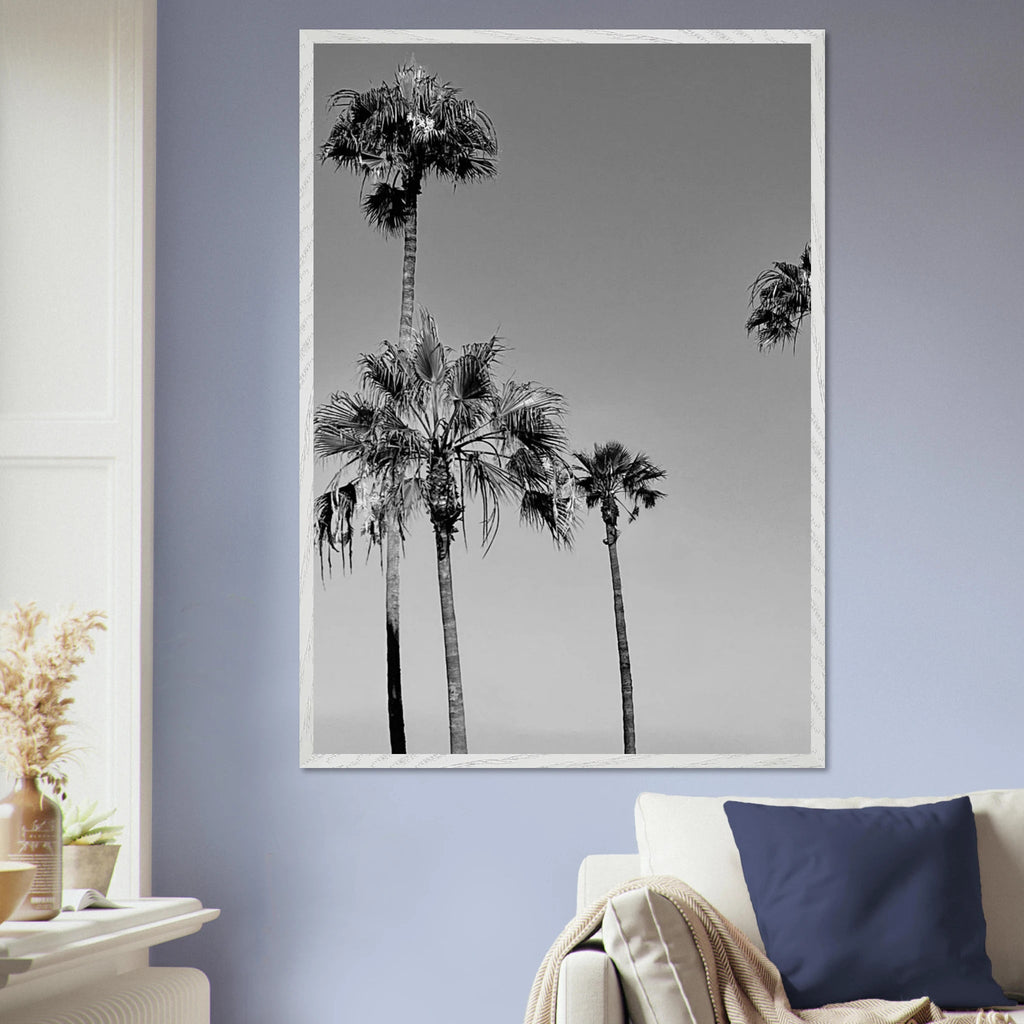 Premium wooden framed poster featuring black and white SoCal beach icons in a semi-glossy finish.