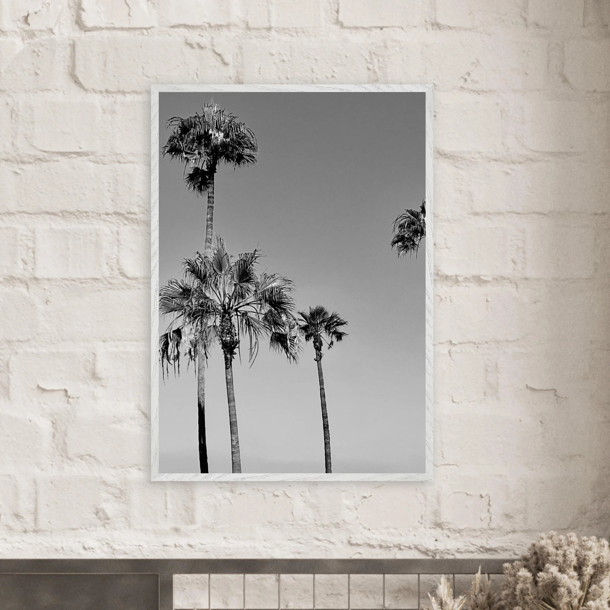 Premium wooden framed poster featuring black and white SoCal beach icons from the California art series.