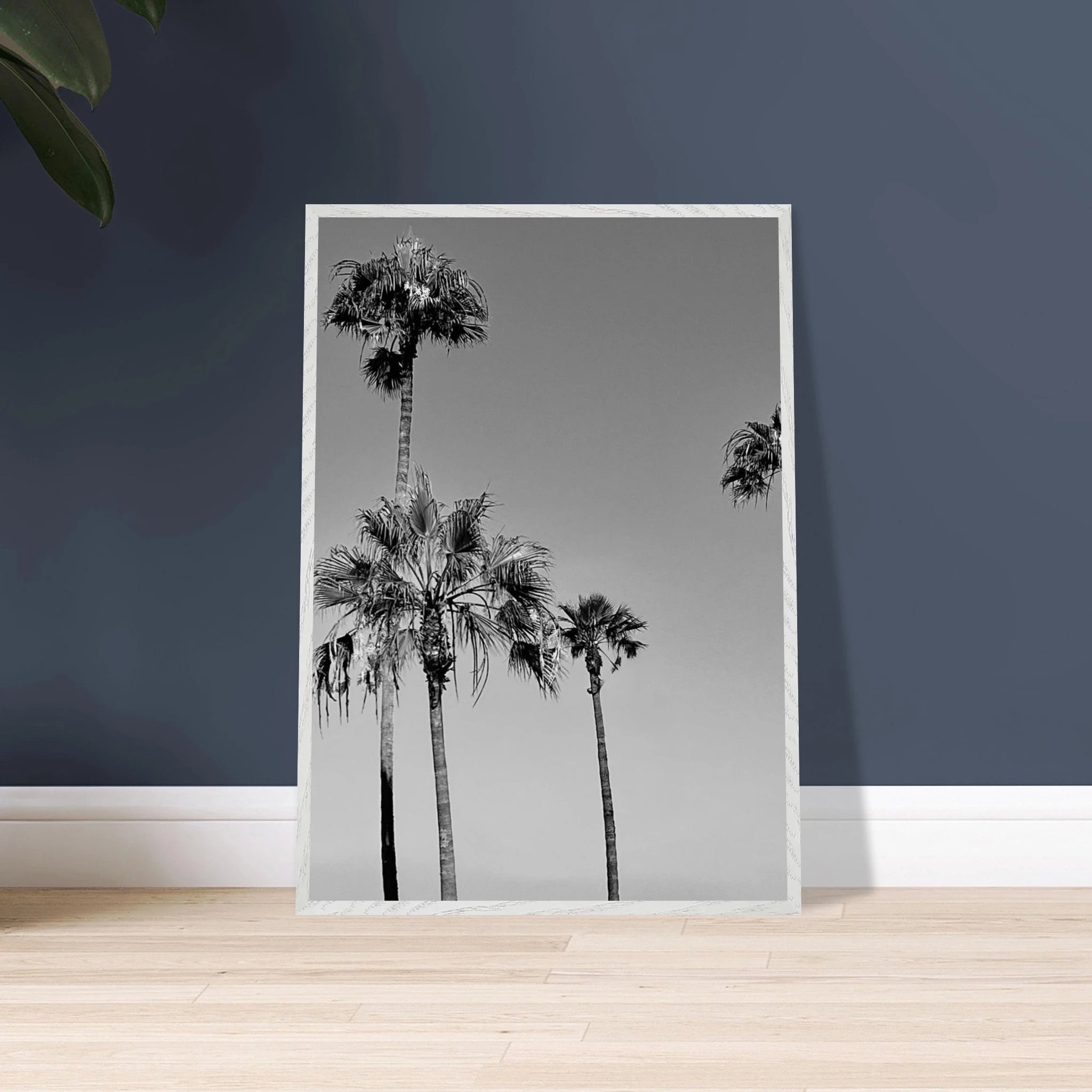 Premium wooden framed poster featuring black and white California beach icons in semi-glossy finish.