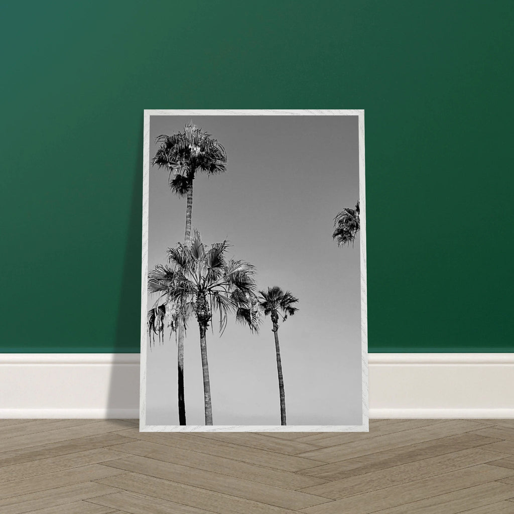 Premium wooden framed poster featuring black and white SoCal beach icons, part of the Studio Edition Holiday series.