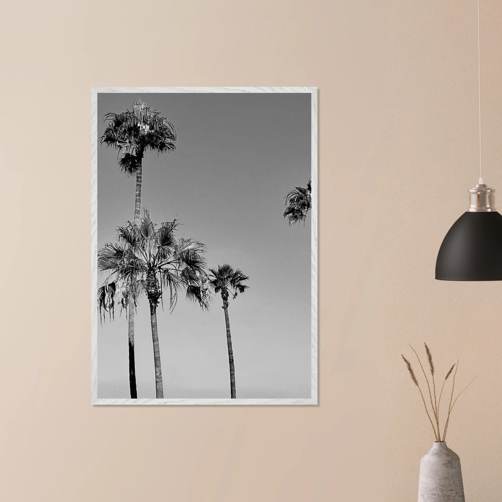 Premium wooden framed poster featuring black and white SoCal beach icons in semi-glossy finish, California art print.