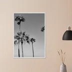Premium wooden framed poster featuring black and white SoCal beach icons in semi-glossy finish, California art print.