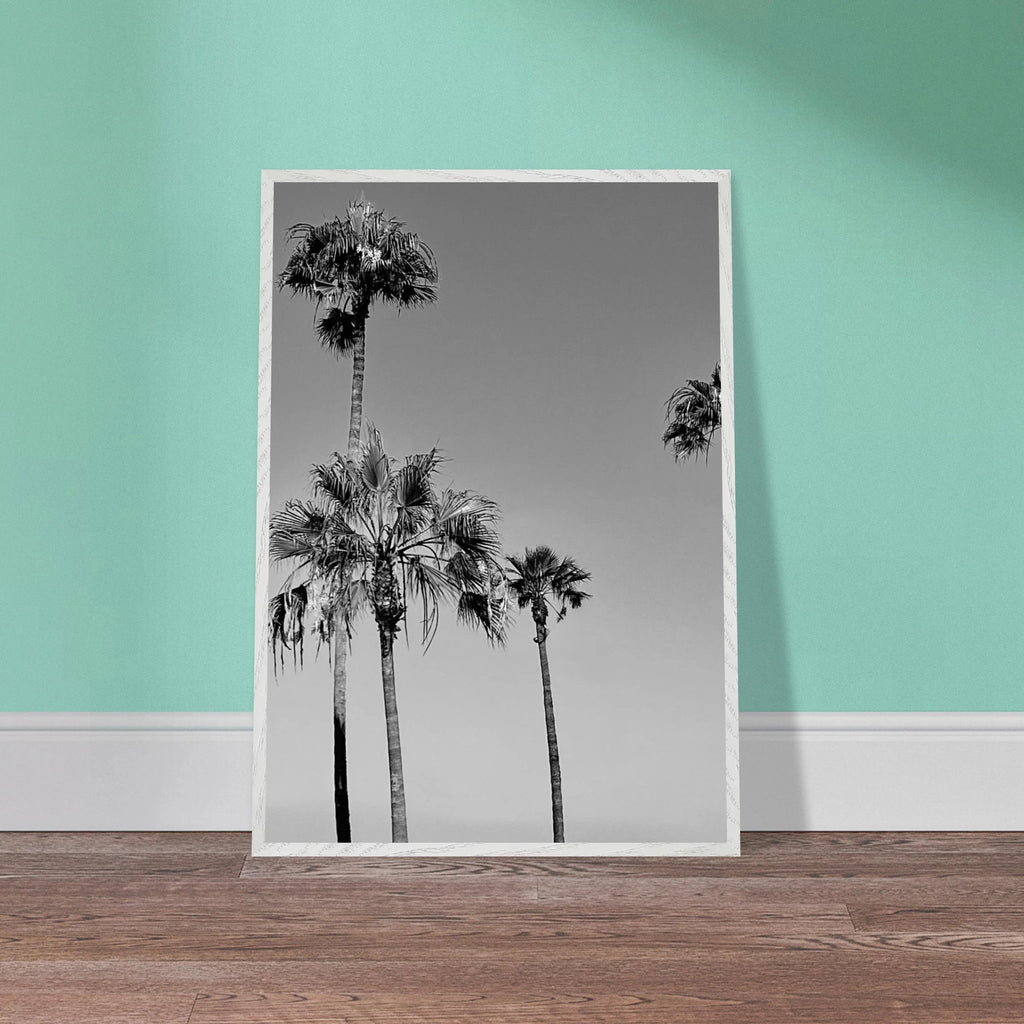 Premium wooden framed poster featuring black and white SoCal beach icons art from the Studio Edition Holiday series.