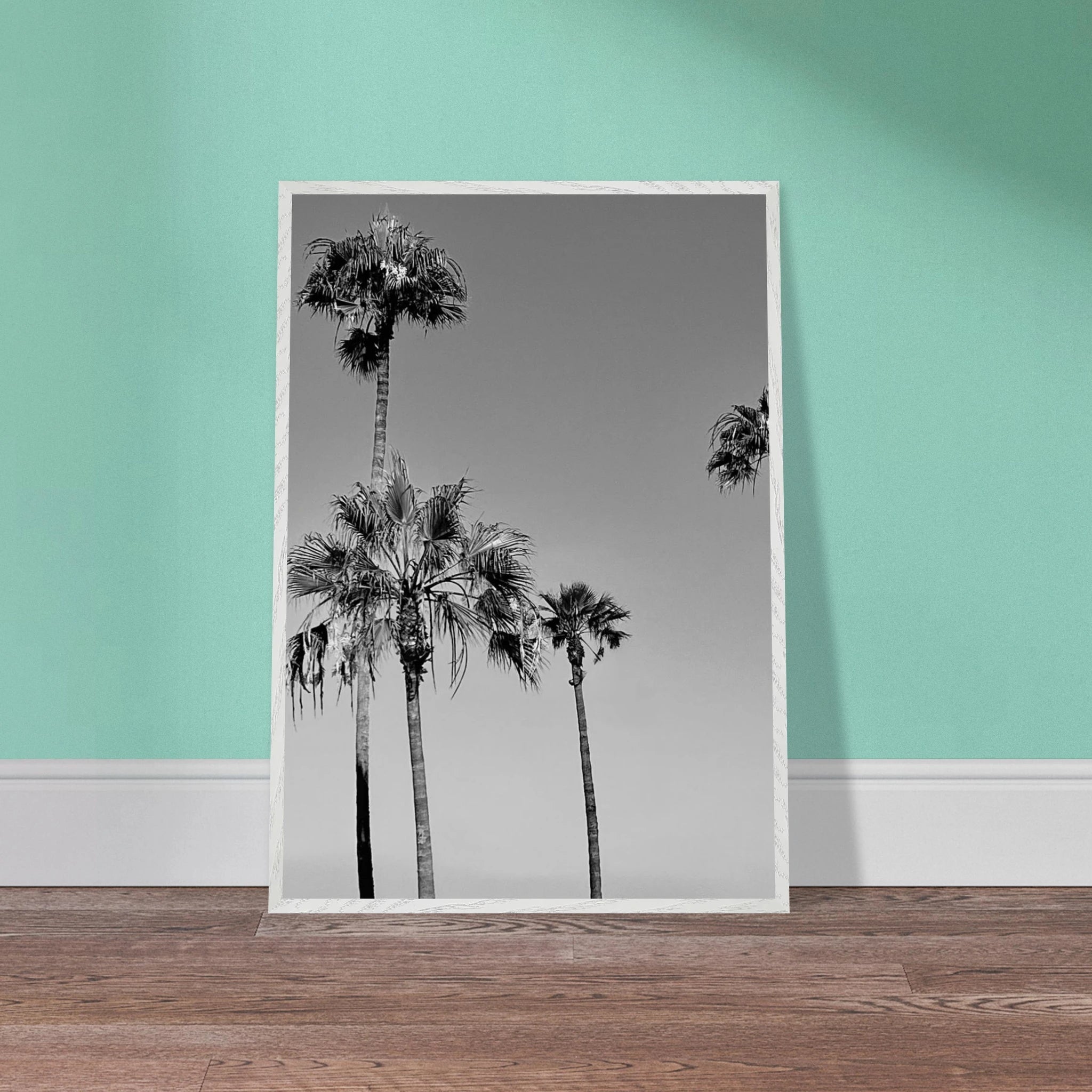 Premium wooden framed poster featuring black and white SoCal beach icons art from the Studio Edition Holiday series.