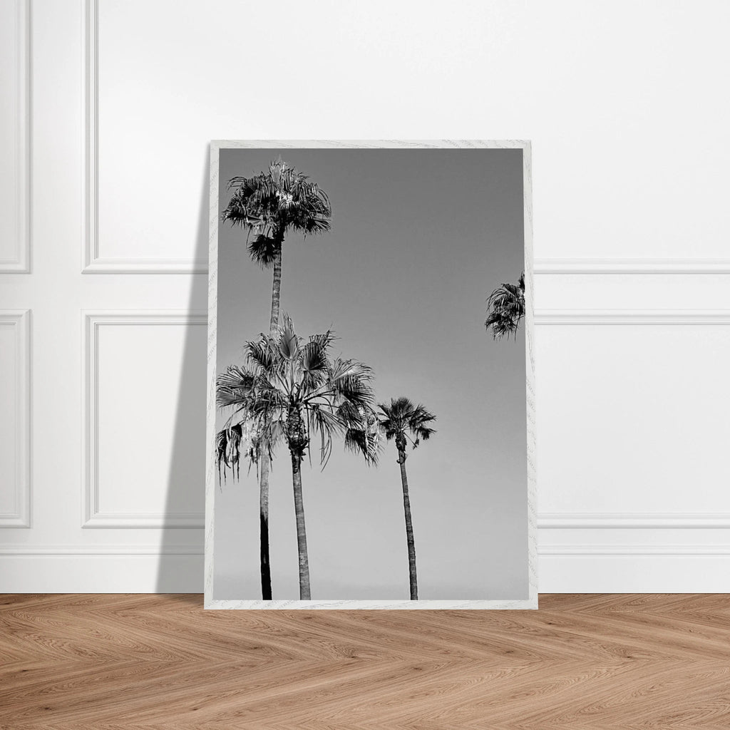 Premium wooden framed poster featuring black and white California beach icons in a semi-glossy finish.