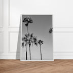 Premium wooden framed poster featuring black and white California beach icons in a semi-glossy finish.