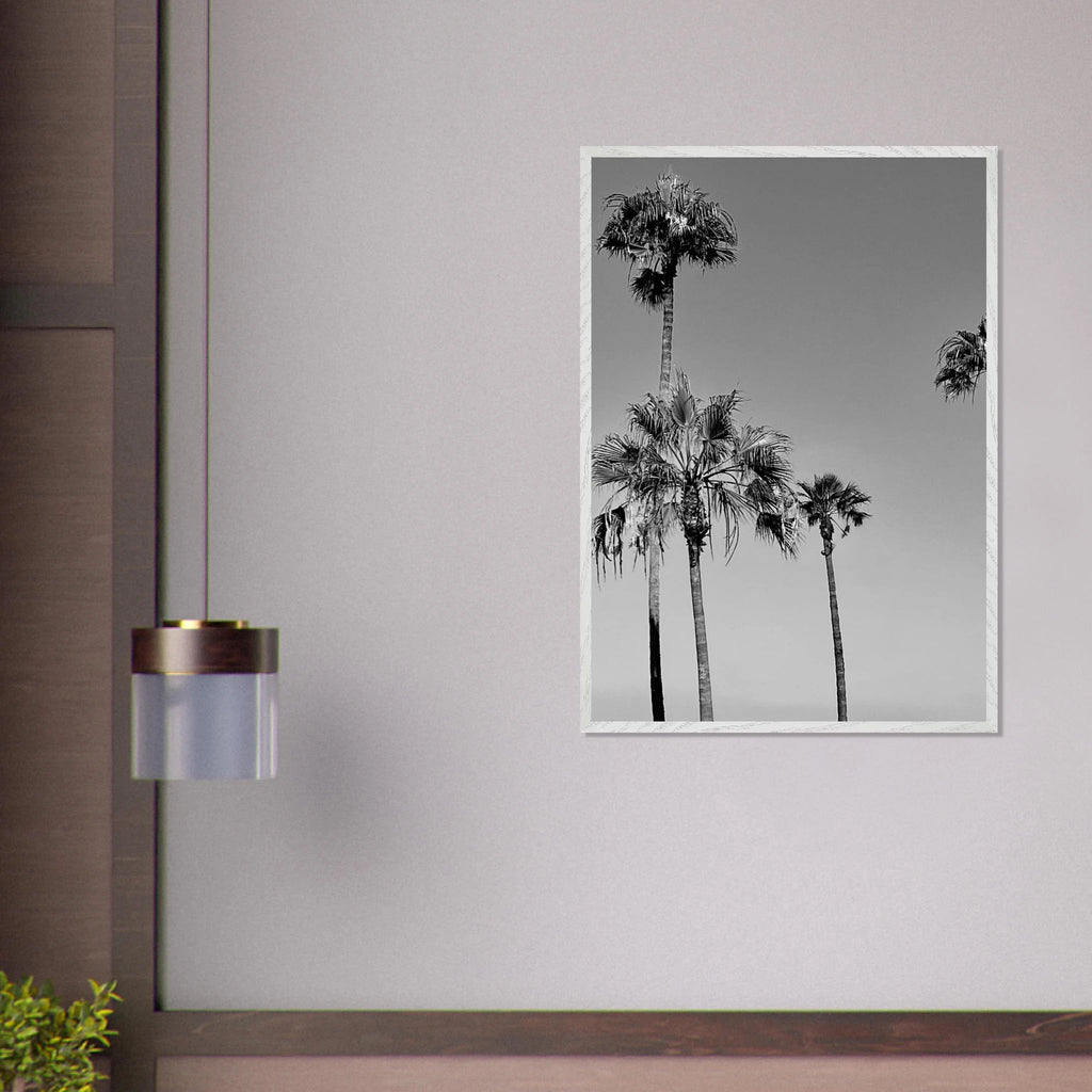 Premium wooden framed poster featuring black and white California beach icons in a semi-glossy finish.