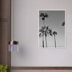 Premium wooden framed poster featuring black and white California beach icons in a semi-glossy finish.