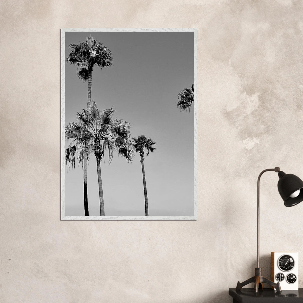 Premium wooden framed poster featuring black and white SoCal beach icons, part of the California Studio Edition series.