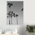 Premium wooden framed poster featuring black and white California beach icons in a semi-glossy finish.