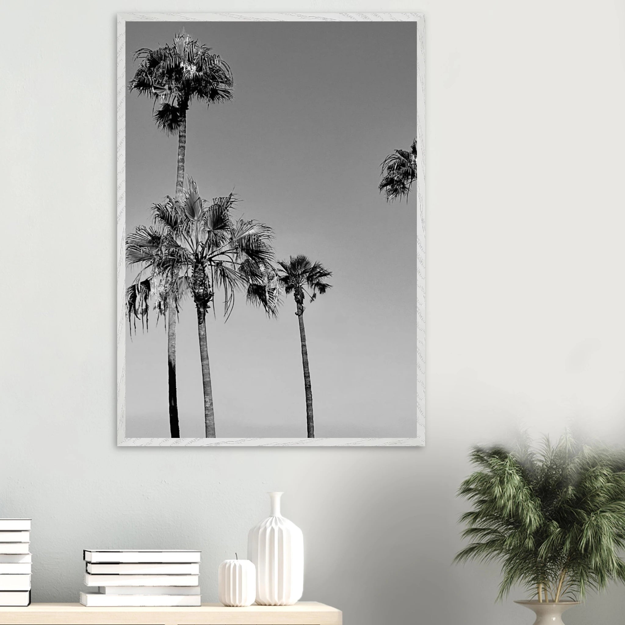 Premium wooden framed poster featuring black and white California beach icons in a semi-glossy finish.