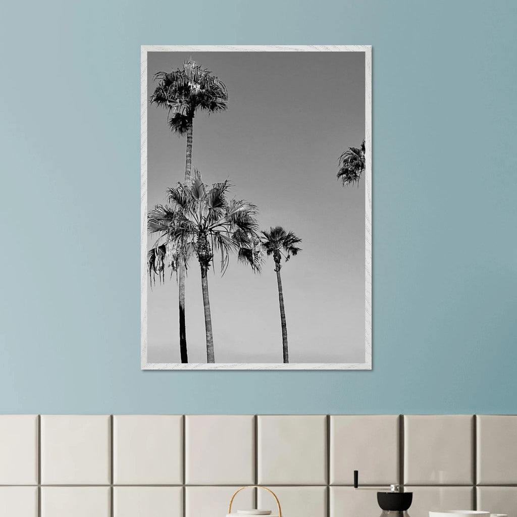 Premium wooden framed poster featuring black and white SoCal beach icons, California art in semi-glossy finish.
