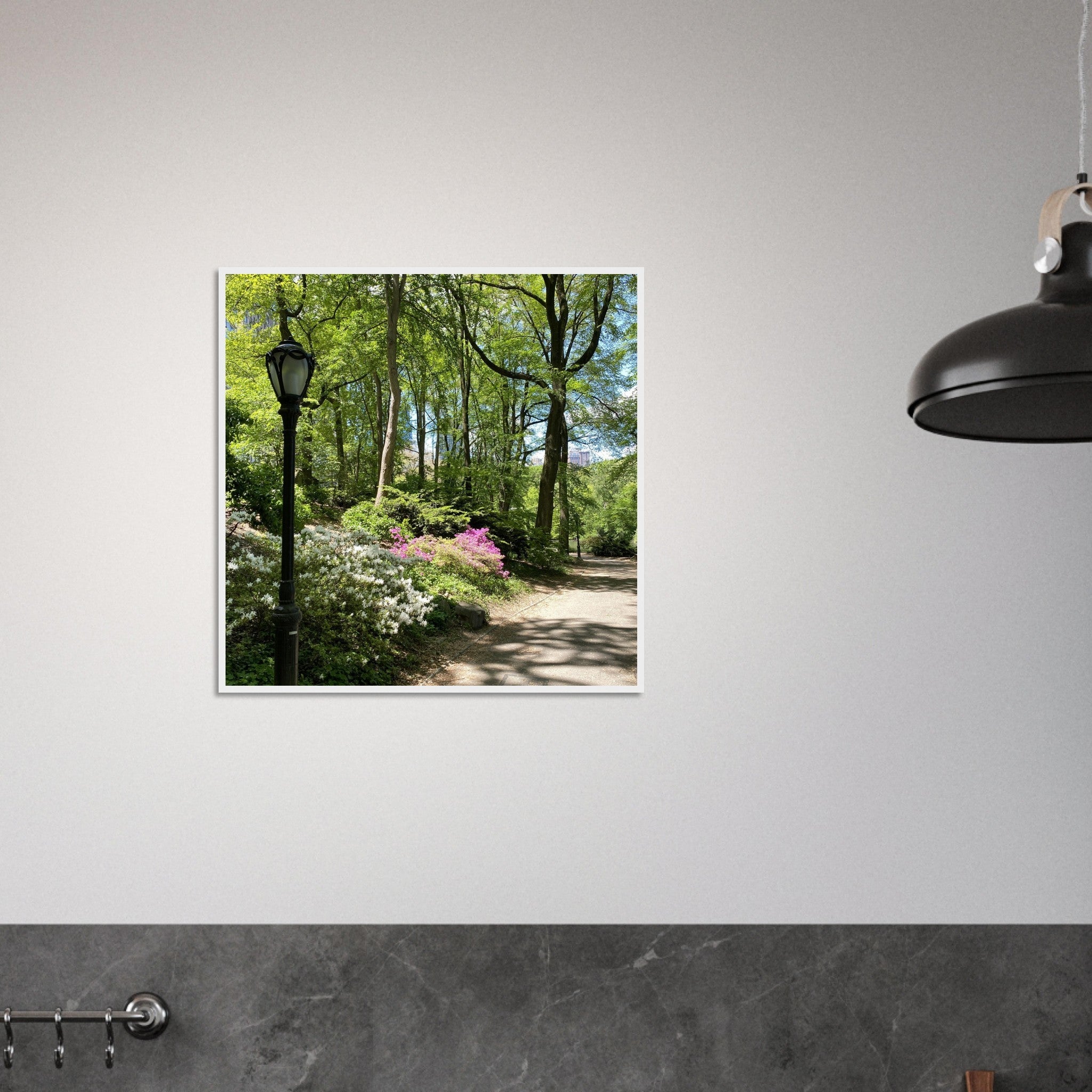 Framed art print of Central Park walkway on premium matte paper with a white wooden frame, part of the Studio Edition travel collection.