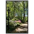 Framed print of Central Park walkway wall art on premium matte paper with a white wooden frame, showcasing a serene New York scene.