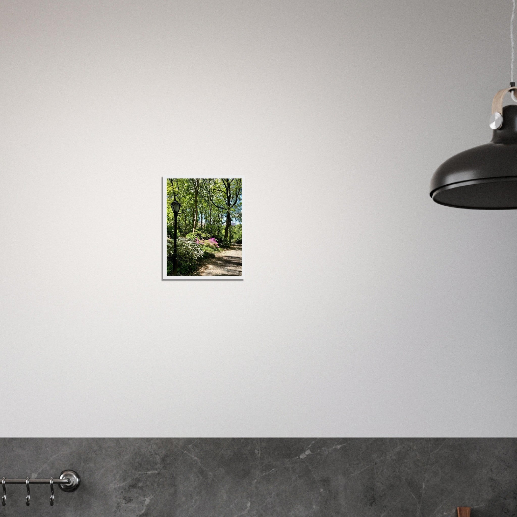 Serene Stroll Central Park walkway framed art print on premium matte paper with white wooden frame, part of Studio Edition travel collection.