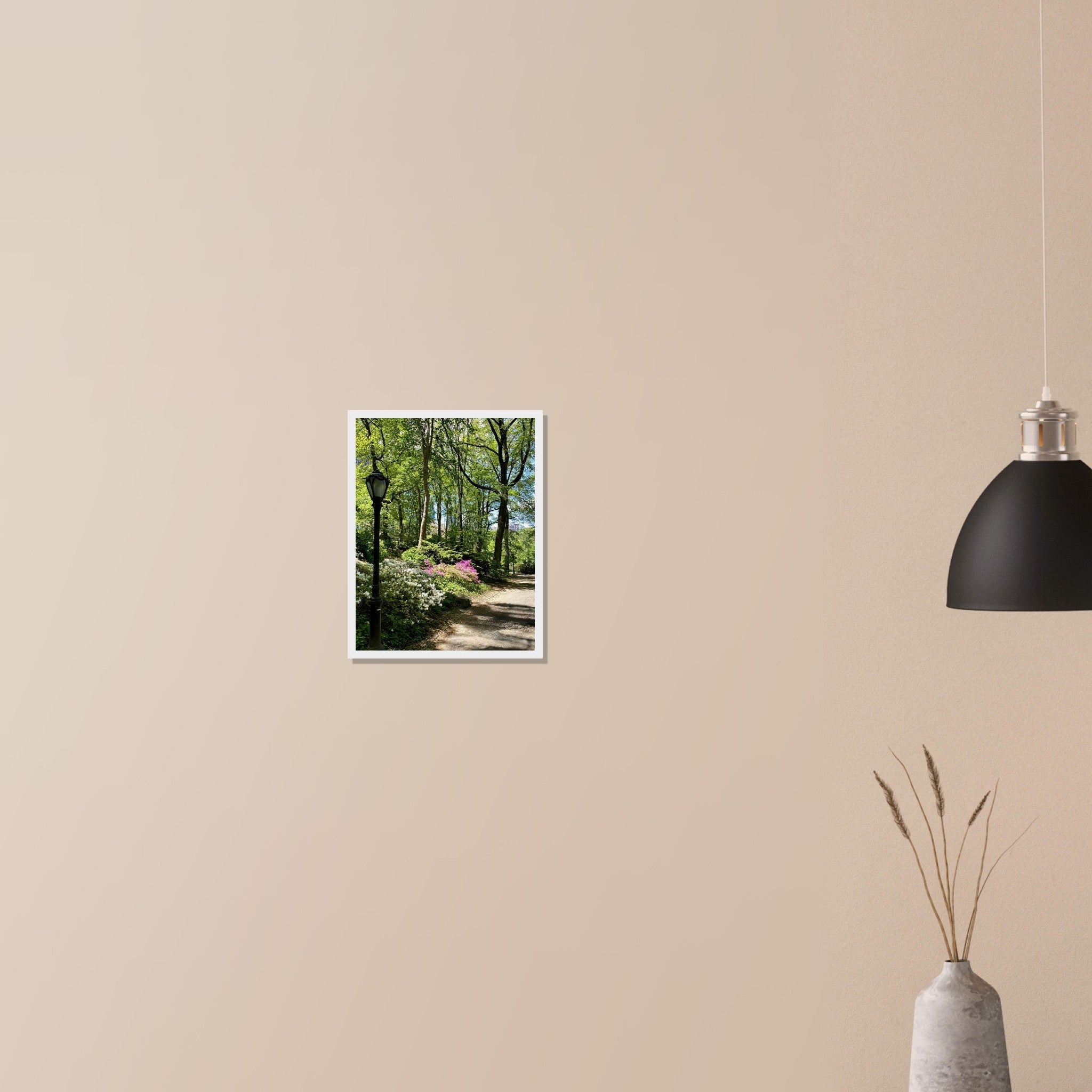 Framed art print of a Central Park walkway on premium matte paper with a white wooden frame, part of the Travel Collection.