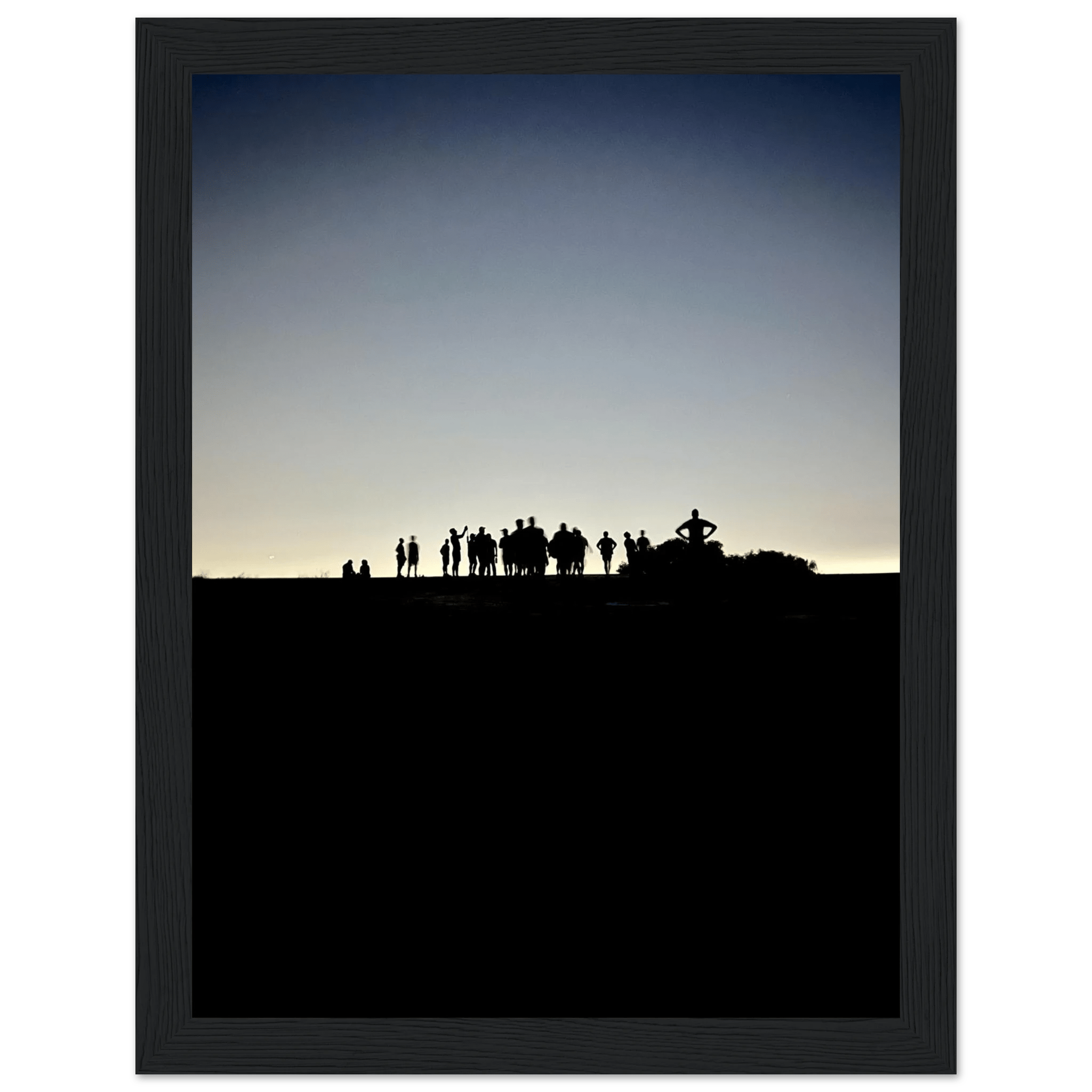 Black and white framed poster of Hollywood Hills with city lights, part of the Summer Hike California art series, studio edition print.