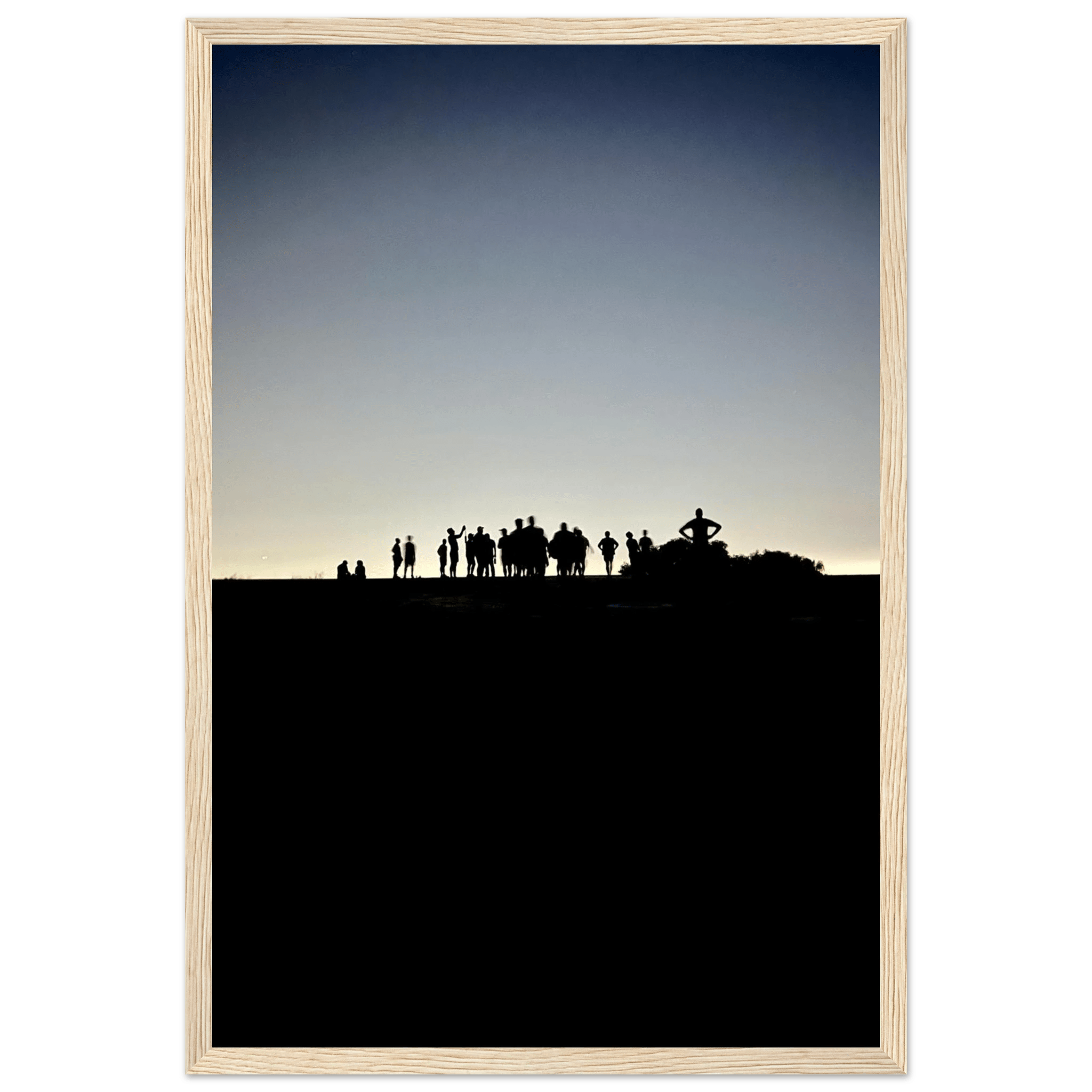 Black and white framed poster of Hollywood Hills with city lights, part of the Summer Hike California art series, studio edition.