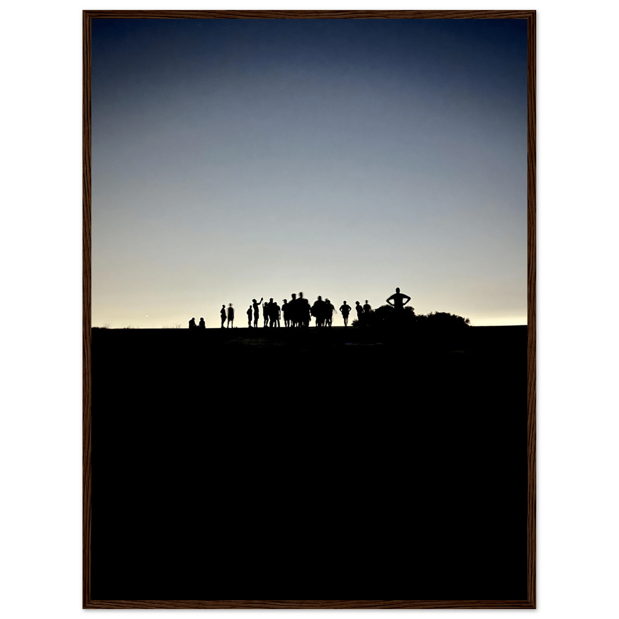 Black and white framed print of Hollywood Hills with city lights, California poster art from the Summer Hike series by My Store.